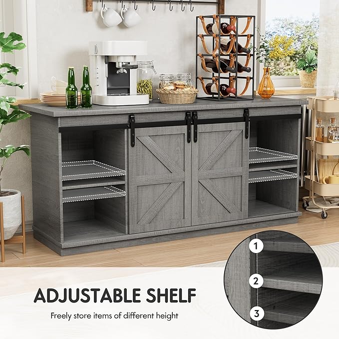 Shahoo Farmhouse Sideboard Buffet Cabinet, Coffee Bar Storage with Sliding Barn Doors, Shelf for Home Dining Room, Grey
