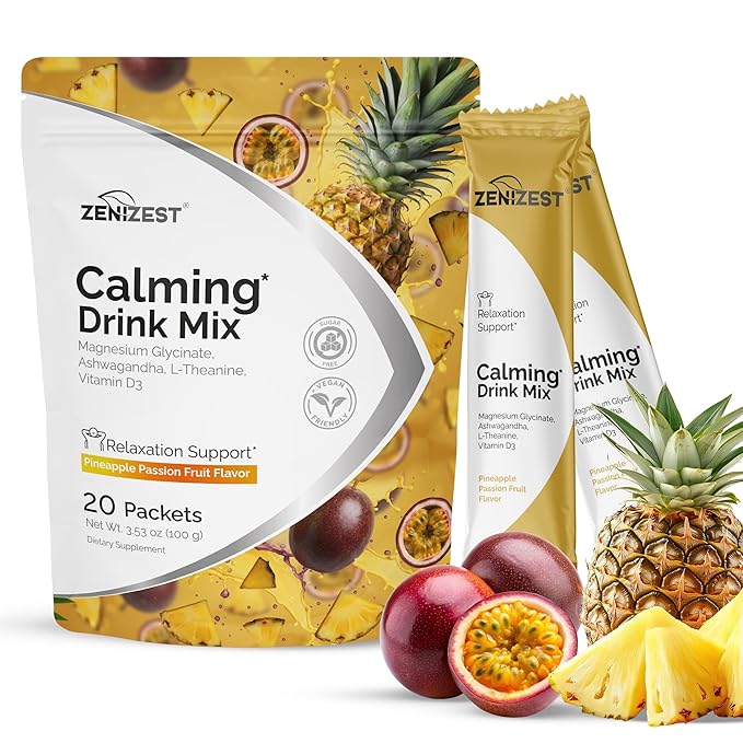 ZeniZest Calming Drink Mix Powder - Natural Cortisol Balance Calm Sleep Stress Support Supplement with Magnesium Glycinate Ashwagandha L-Theanine Vitamin D3 - Pineapple Passion Fruit Flavor 20 Packets