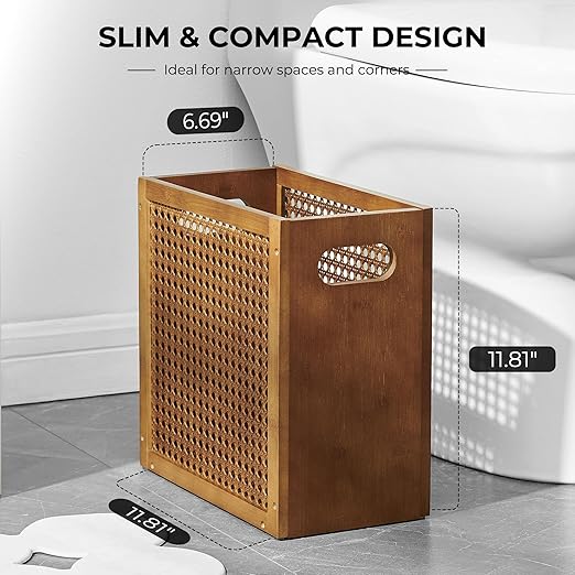 TIOPGHAD Small-Wicker-Waste-Basket-Trash-Can 3 Gallon/11.6 L Bamboo Mini Rattan Wastebasket Garbage Can Trashcan Wood Trash bin for Bathroom Office Living Room(Brown)