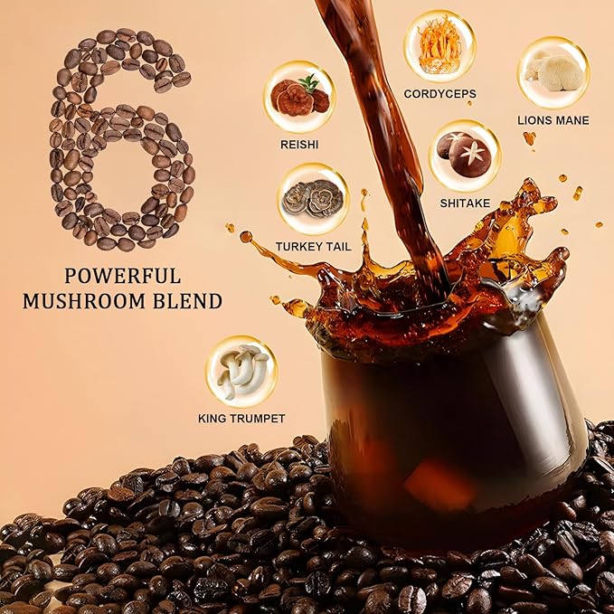 Mushroom Coffee, Adaptogenic 6 Mushrooms with Lion's Mane, Reishi, Cordyceps, Shiitake, King Trumpet & Turkey Tail, Instant Coffee Powder for Energy, Digestion & Immune Support, 50 Servings