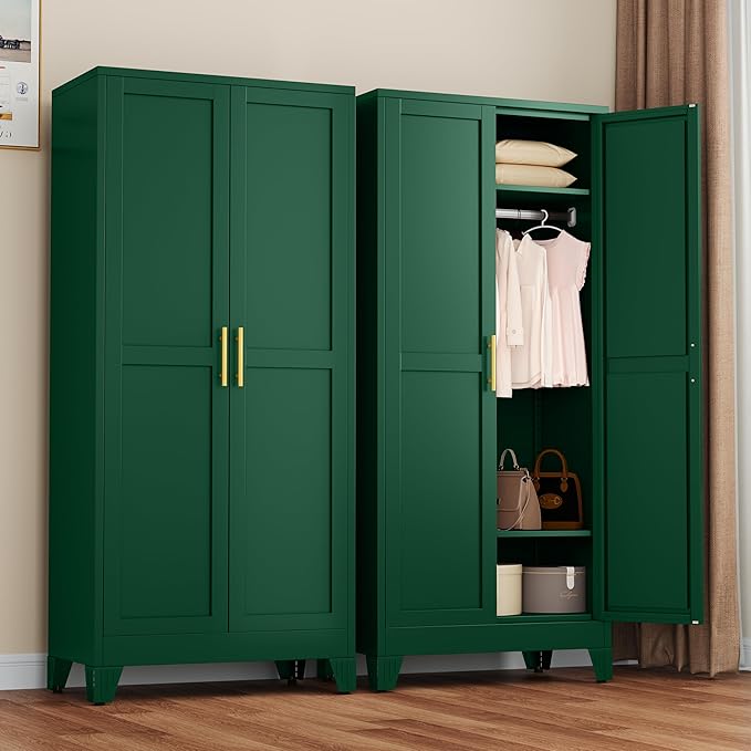winiowa Metal Armoire Wardrobe Closet with 2 Doors, 71" Wardrobe Cabinet with Adjustable Shelves and Hanging Rod, Clothing Storage Cabinet Closet for Bedroom-Green