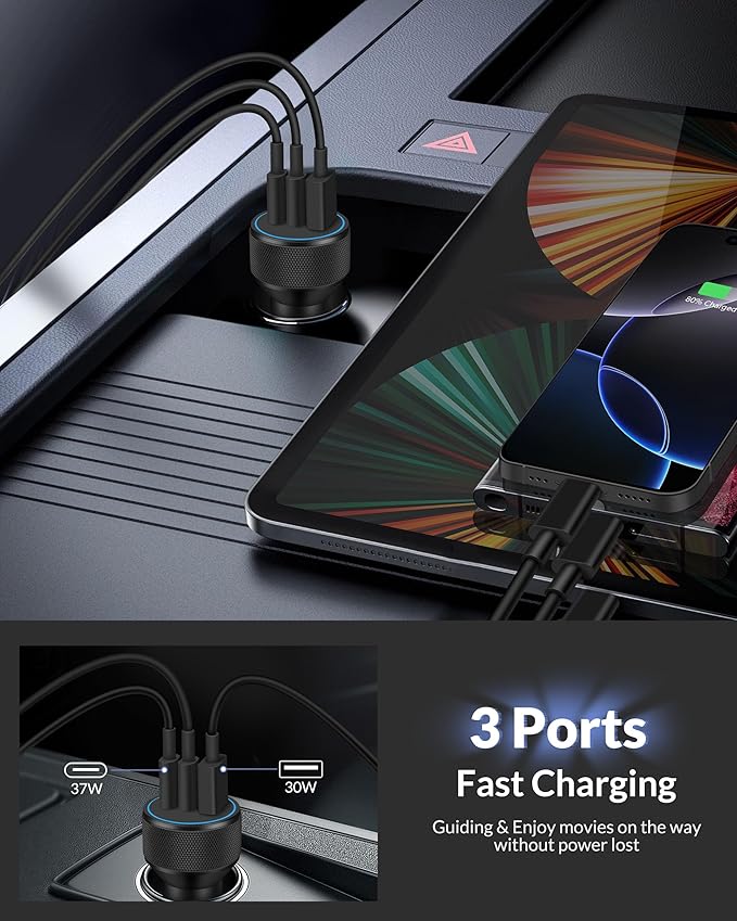 iPhone 17e/17/17 Pro Max Car Charger Fast Charging, 2-Pack 67W 3-Port Fast USB C Car Charger Adapter Cigarette Lighter with 3FT Type C Cable Cord for iPhone 17e/17/17 Pro Max/16/15 Pro Max/Plus, iPad