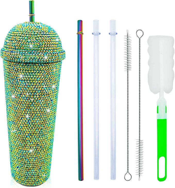 24oz Bling Cup Handmade Rhinestones Studded Tumbler Double Wall Insulated Plastic Reusable Water Bottle with Lid and Straws for Home Office Party Beach(Deep Green)