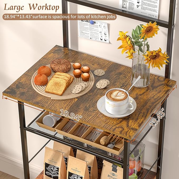 5 Tier Coffee Bar Station, Kitchen Stand with 4 S-Shaped Hooks, Farmhouse Corner Coffee Bar Cabinet for Small Spaces, Bakers Rack for Kitchen, Entryway, Living Room, 13.43"D x 18.93"W x 53.31"H