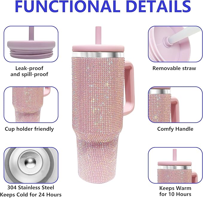 40-OZ Insulated Water Bottle,Insulated Stainless Steel Tumbler,Reusable Cold Drink Thermos,BPA-Free, Double-Wall Stainless Steel Water Bottle (Lilac Purple-Diamond, 40, Fluid Ounces)