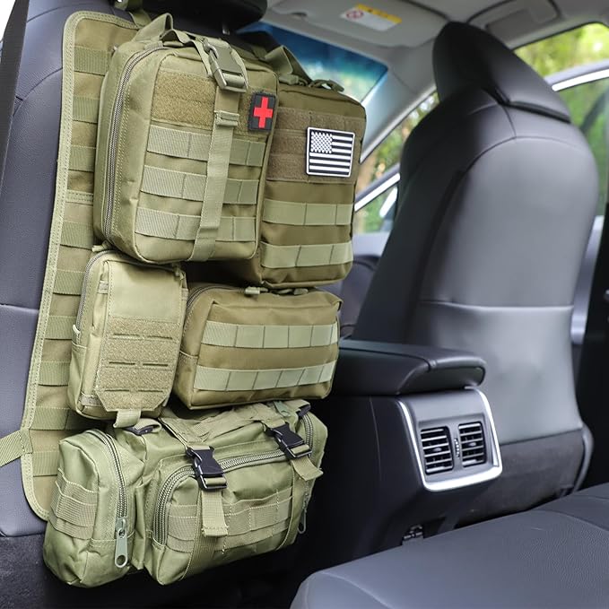 Tactical Car Seat Back Organizer Hanger Bag with 5 Detachable Molle Pouch Vehicle Molle Panel Organizer Storage Bag Universal for for most car models (Military Green)