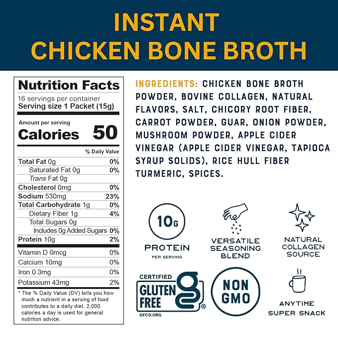 [DISCONTINUED] Chicken Bone Broth Instant Powdered Mix Packets | 5g Collagen | 10g Protein | Keto & Paleo Friendly | No Artificial Flavors | Non-GMO, Gluten-Free, Dairy-Free on-the-go 16 Pack