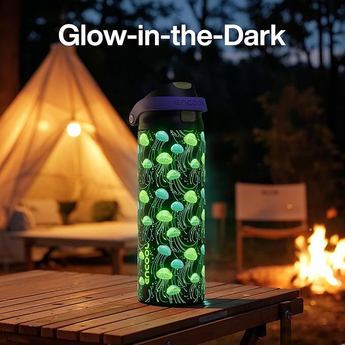 ENCOOL Leakproof Insulated Water Bottle with Straw Dual-Sip Water Bottle Bag-Safe Design for Work, Commute & Gym – Keeps Drinks Cold All Day, 24 oz, Neon Jellyfish