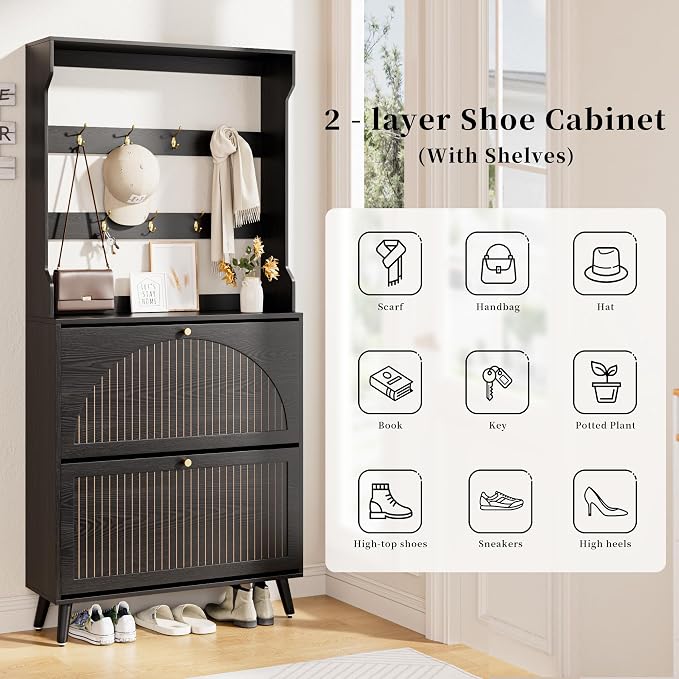 Fsbecl Shoe Cabinet for Entryway with 2 Flip Drawers & Coat Rack, Narrow Hidden Shoe Storage Cabinet with Fluted Panel, 2-in-1 Hall Tree Slim Freestanding Shoe Rack Organizer for Hallway, Black