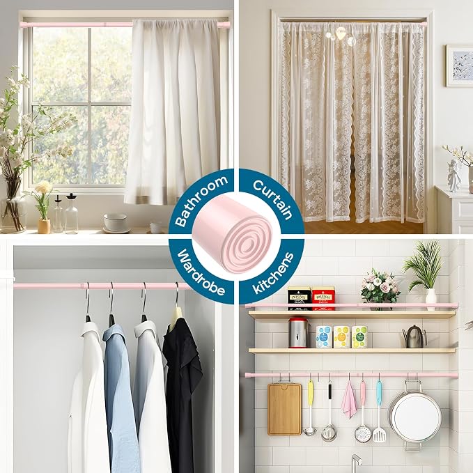AIZESI Spring Tension Rods Adjustable Tension Curtain Rod Small Tension Rod No Drilling Expandable Spring Loaded Curtain Tension Rod（Pink,26" to 39"-2Pcs)