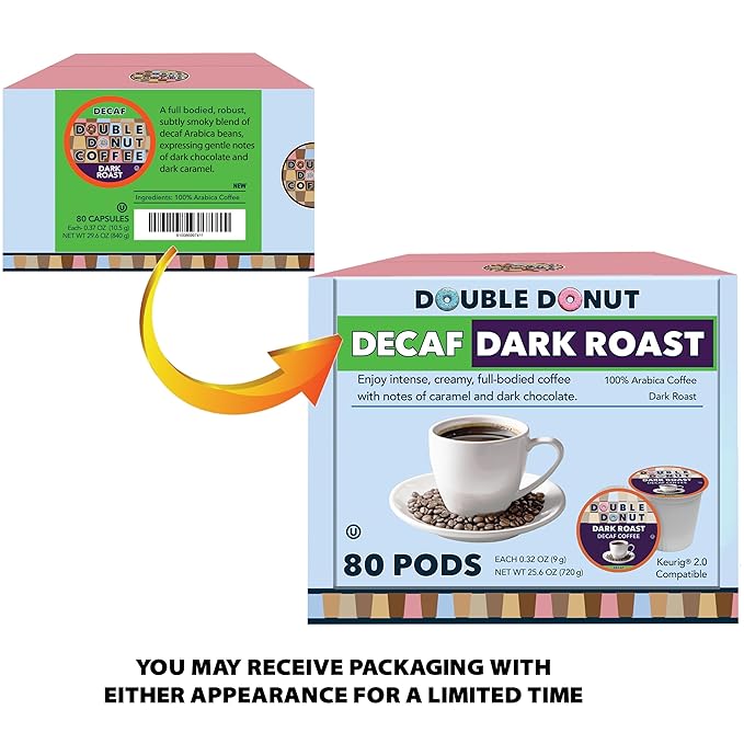 Double Donut Coffee Decaf Dark Roast Coffee Pods, Extra Bold Blend Coffee, Single Serve Coffee For Keurig K Cups Machines, Decaf Dark Roast Coffee in Recyclable Pods, 80 Count