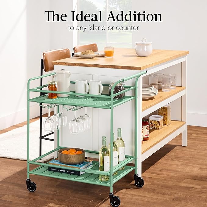 Best Choice Products Rolling Bar Cart, Mobile Home Bar Serving Cart, Serving Station w/ 2 Tier Shelves, Wine Rack, Lockable Wheels - Sage