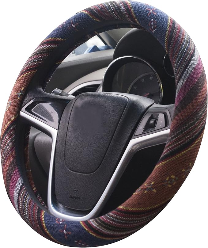 Large Ethnic Style Coarse Flax Cloth Automotive Steering Wheel Cover Anti Slip and Sweat Absorption Auto Car Wrap Cover (15.25''-16'', F)