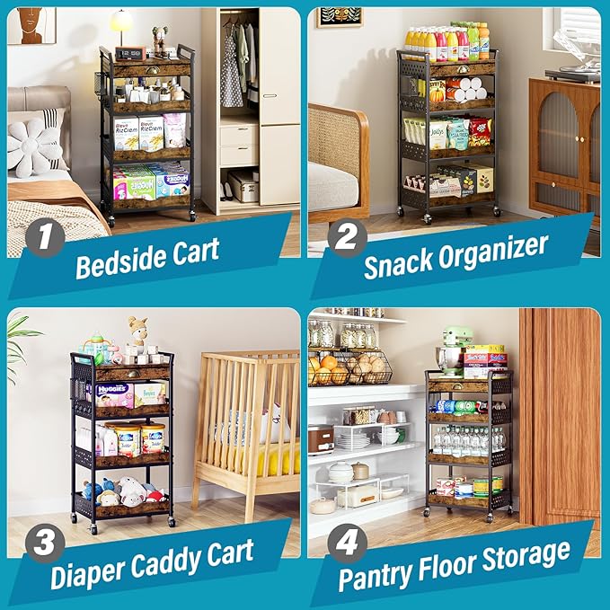 Rolling Cart Organizer with Removable Drawer, 4-Tier Art and Craft Storage Cart, Nail Makeup Organizer, Metal Utility Cart with Wheels for Kitchen Bathroom Essentials, Coffee Supplies, Snack