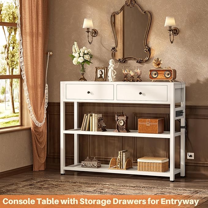 Ecoprsio Entryway Table with Outlets and USB Ports, Console Table with 2 Drawers, Small Sofa Table with Storage Shelves for Living Room, Couch, Hallway, Foyer, Kitchen Counter, 32'', White