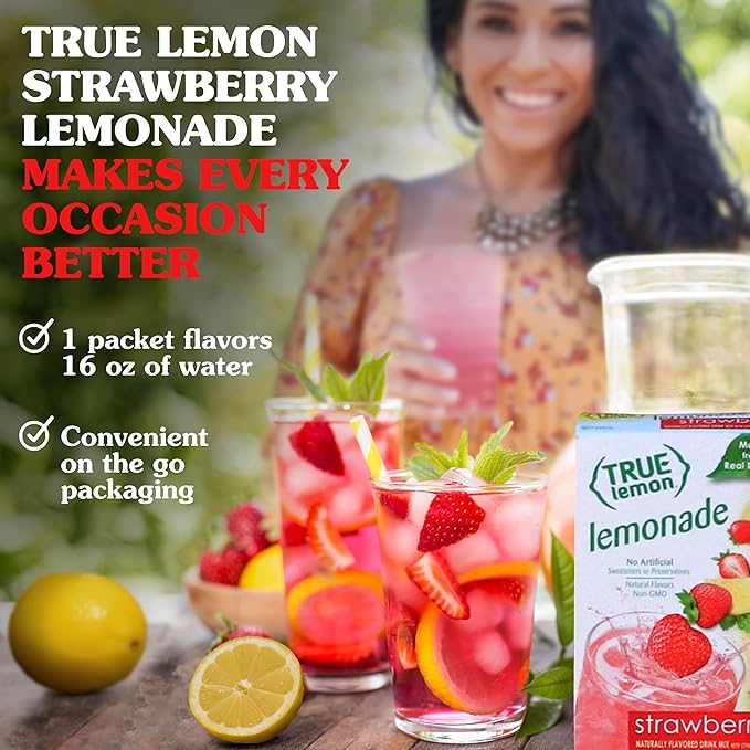 True Citrus True Lemon Strawberry Lemonade Water Enhancer Drink Mix, Low Calorie Drink for Water, Powdered & Flavors, Individual Drink Packets with Stevia, (30 Count) (Pack of 2)