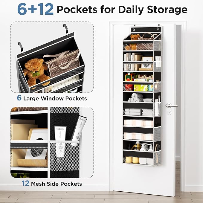 Mefirt 6 Tiers Over The Door Organizer, Heavy Duty Hanging Organizer Storage with Large Capacity Pockets, Behind Door Storage Hanging Shelves for Closet Wall Bathroom Bedroom Nursery Pantry, 1 Black