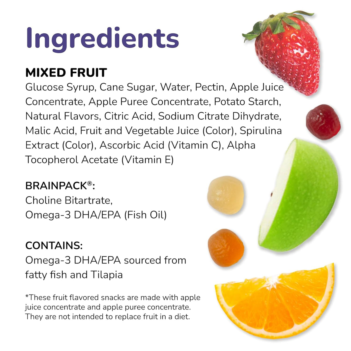 Brainiac Fruit Snacks, Brain Boosting Patented BrainPack Ingredients with Omega-3s DHA/EPA and Choline, Functional & Nutritious Snacks for toddlers and kids, Mixed Fruit, 40 count