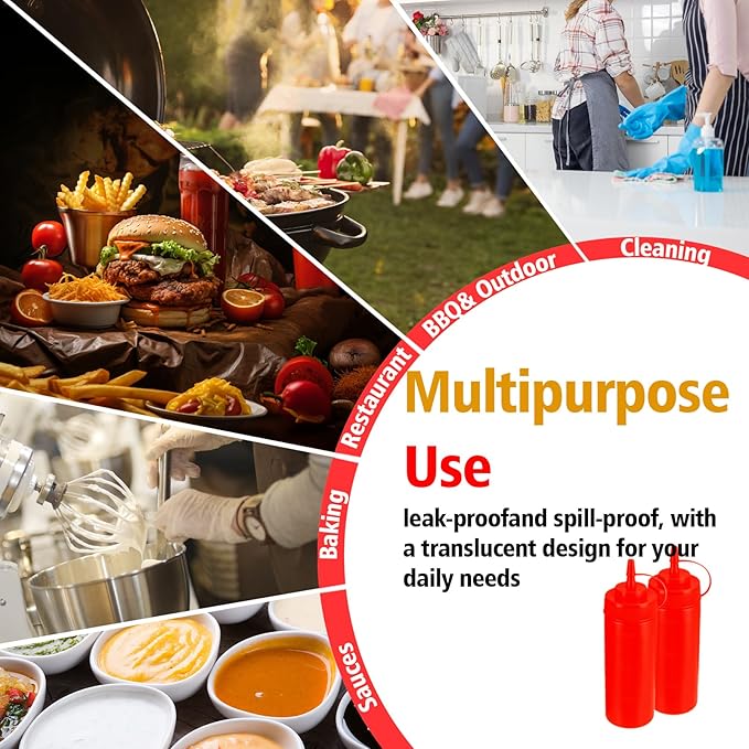 Squeeze Bottles for Sauces,Leak-Proof Condiment Dispenser, BPA-Free Kitchen Restaurant Squeeze Bottle Set with Wide Mouth for Ketchup, Mustard,Syrup,Dressings (Red, 4Pack-16oz(400ml))