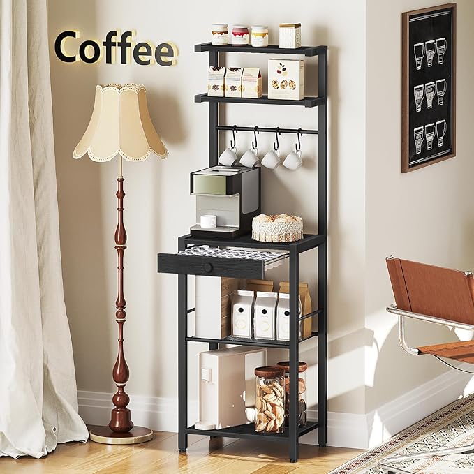 Bakers Rack, 5-Tier Coffee Bar Station, Coffee Stand with Pod Drawer Holder, Versatile Kitchen Storage Rack with 4 Hooks, for Living Room, Cafe Corner, Black KF01BB