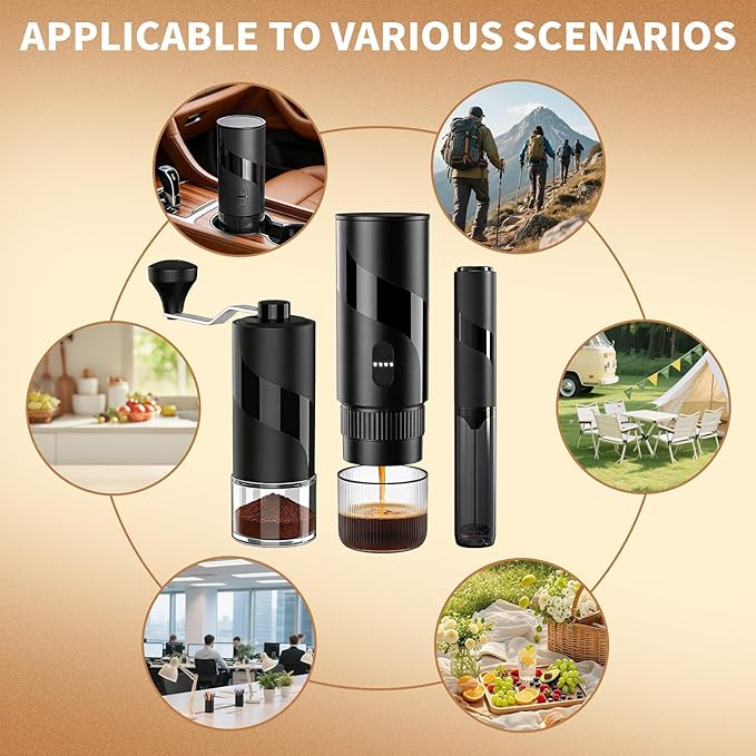 Portable Electric Espresso Machine Set - Travel Coffee Maker Pack for Camping, with Ground Coffee & NS Capsule, Electric Milk Frother, Grinder, Gift for Coffee Lover, for Car, RV, Hiking, Office