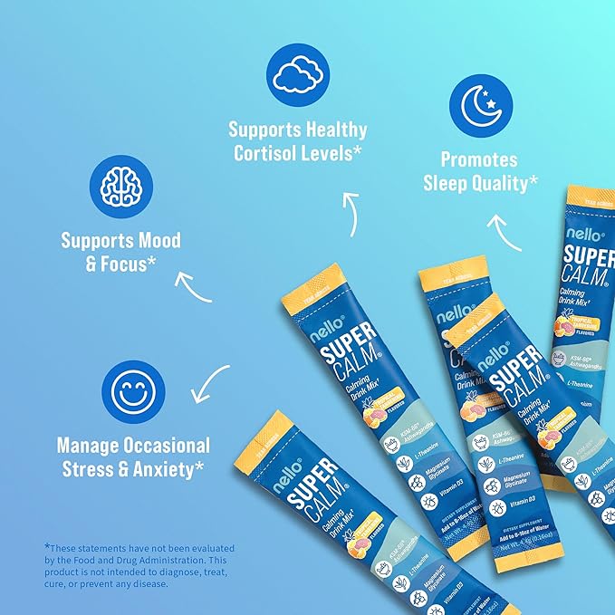 Nello Supercalm Powdered Drink Mix, Cortisol Reducer* and Sleep Aid Supplement, L Theanine, Ksm-66 Ashwagandha, Magnesium Glycinate, Vitamin D 3, No Sugar, Non GMO, 20 Ct, Tropical Tangerine