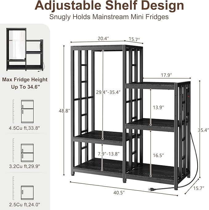 Mini Fridge Stand Coffee Bar Cabinet Station With Small Refrigerator Insert Storage Space, Shelf Organizer For Dorm Microwave To Sit, Black Baker Rack With Power Outlet, Big Table To Go Over Fridge