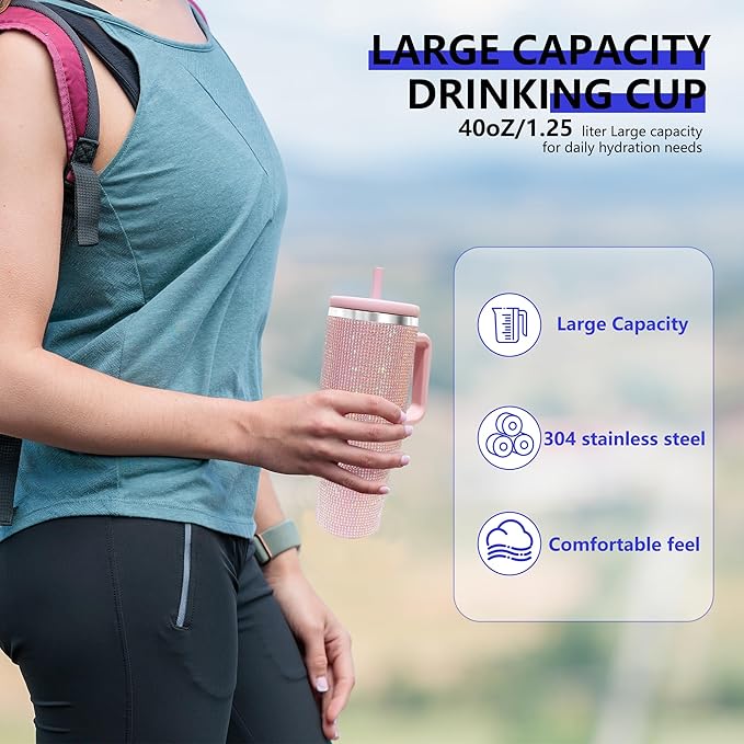 40-OZ Insulated Water Bottle,Insulated Stainless Steel Tumbler,Reusable Cold Drink Thermos,BPA-Free, Double-Wall Stainless Steel Water Bottle (Lilac Purple-Diamond, 40, Fluid Ounces)