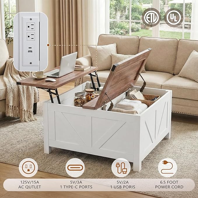35” Farmhouse Coffee Table with Large Storage, Rustic Wood Lift Top Coffee Table for Living Room, Square Center Table with Charging Station&USB, Modern Port Pottery Barn Lift top Table