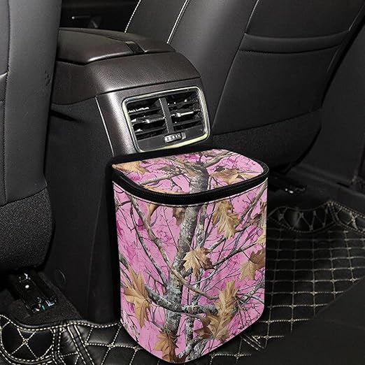 Pink Camo Hunting Car Trash Can with Adjustable Straps Woodland Forest Collapsible Multipurpose Car Trash Bin Bag Automotive Accessories