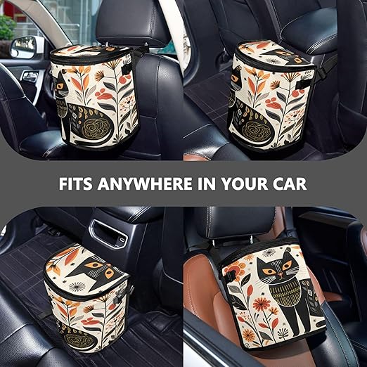 MNSRUU Car Trash Can with Lid, Black Cat Flowers Car Trash Bag Hanging Organizers and Storage for Front Back Seat, Leak-Proof Trash Bin
