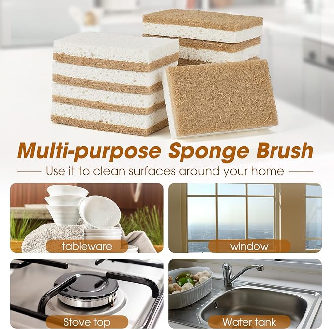GREENTH PRO 10 Pack Nature Dish Sponge - Natural Kitchen Sponge - Coconut Fiber and Wood Cellulose Scrubber