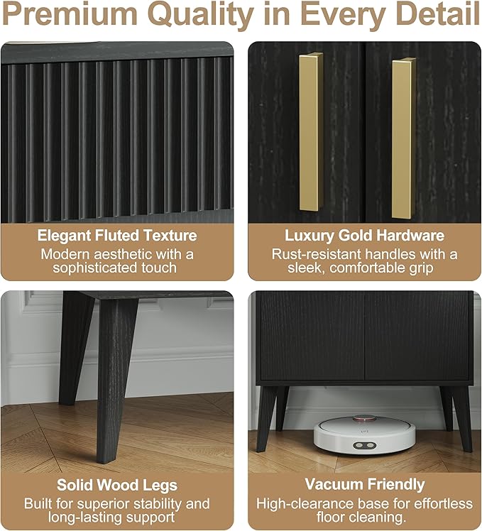 Sideboard Storage Cabinet with 2 Drawers & 2 Doors, Fluted Kitchen Buffet Cabinet with Adjustable Shelves, Coffee Bar Station for Living Room, Entryway, 13.8 x 27.6 x 35.6 Inches, Black