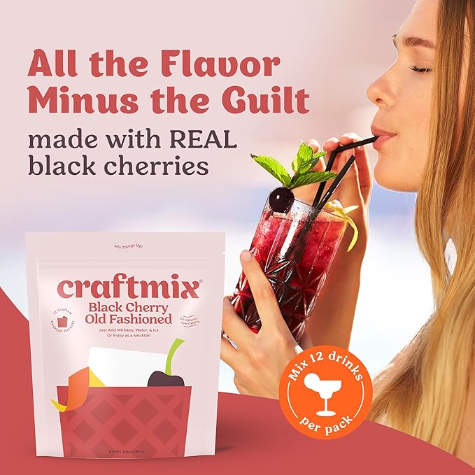 Craftmix Black Cherry Old Fashioned Cocktail & Mocktail Drink Mixer, Skinny Mixes - Water Flavoring Packets Made With Real Fruit - Vegan, Low-Carb, Low-Sugar, Non-GMO, Dairy Free, Gluten Free, 12 Pack