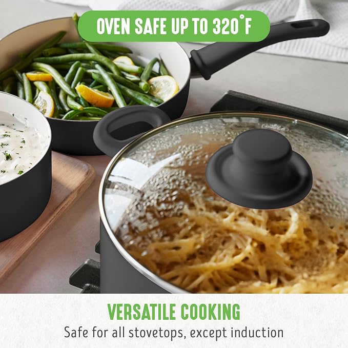 GreenLife 6QT Ceramic Nonstick Stockpot with Glass Straining Lid, PFAS-Free, Dishwasher Safe, Stay-Cool Handles, Oven Safe to 350°F, Wobble-Free Base, Even Heating, Black