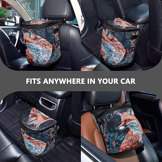 MNSRUU Car Trash Can with Lid, Beautiful Fox Car Trash Bag Hanging Organizers and Storage for Front Back Seat, Leak-Proof Trash Bin