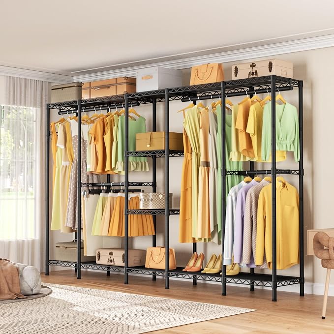 Golpart Heavy Duty Garment Rack Clothes Rack,Large Metal Closet Organizer System Storage Wardrobe,Freestanding Clothing Rack with Adjustable Wire Shelves& Hang Rods,MaxLoad 1100lbs