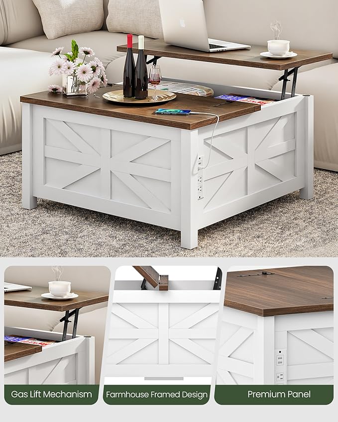 31.5" Lift Top Coffee Table, Farmhouse Coffee Table with Charging Station and Storage, 2 AC Outlets and 2 USB Ports, White and Walnut MKF02UWAN1