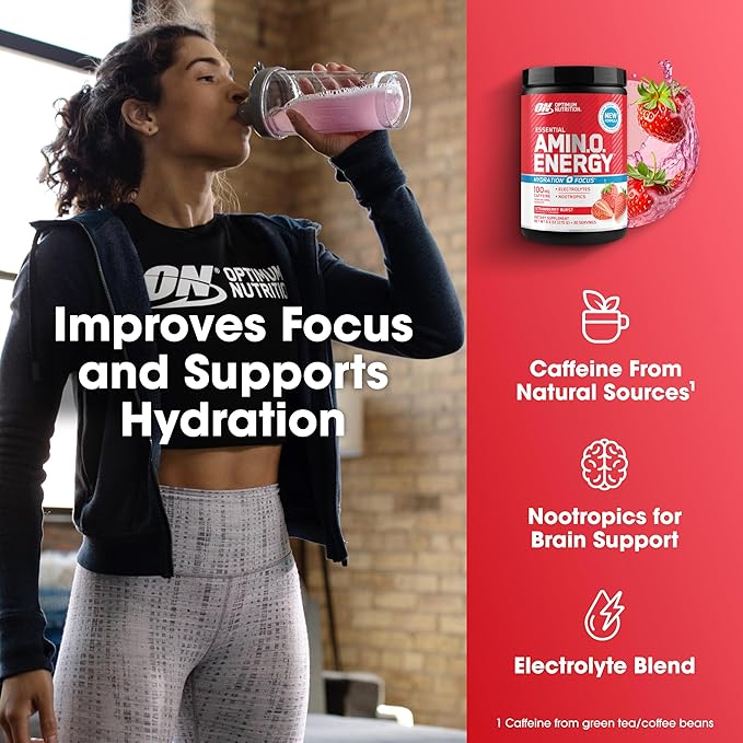Optimum Nutrition Amino Energy Powder Plus Focus, with BCAA, Electrolytes, and Caffeine, Juicy Strawberry, 30 Servings (Packaging May Vary)