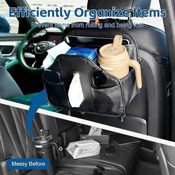 Multifunctional Car Tissue Holder,Back Seat Organizer with Cup Holder,PU Leather Car Headrest Seat Back Storage,Snack Organizers for Kids,Large Tissue Box Cover Fit Kleenex Tissues(50-230ct)
