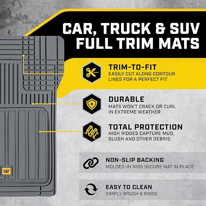 Cat® ToughLiner™ Gray Car Floor Mats - Heavy Duty Trim to Fit Floor Mats for Trucks - All-Weather Truck Accessories & Odorless Rubber Automotive Floor Mats - Car Mats & SUV Floor Liners for Car