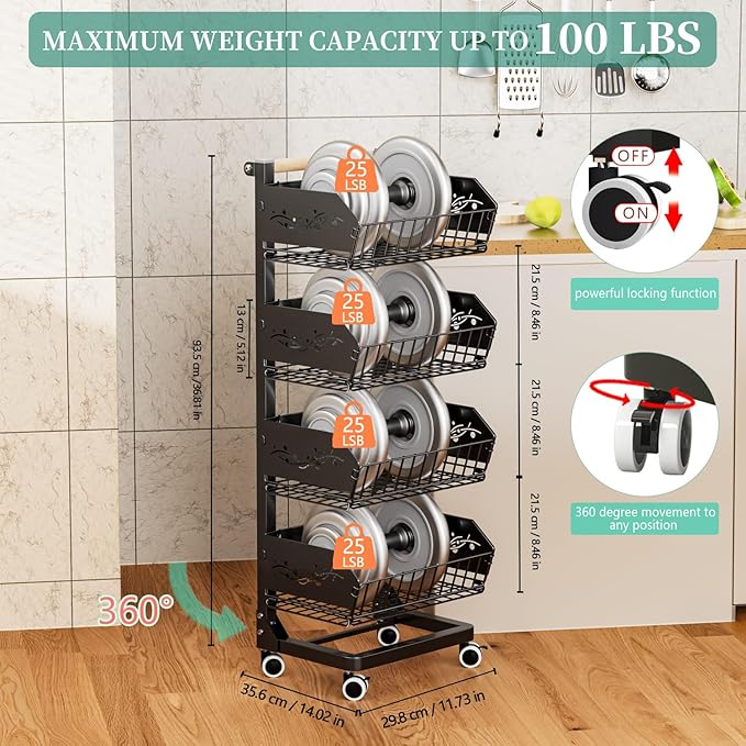 Heavy 4-Tier Snack Cart with Wheels ，Removable Rolling Pantry Floor Organizers ，Upgraded Wider and Thicker, Kitchen Fruit Basket Stand and Storage Rack for Fruit Snack Onion Potato