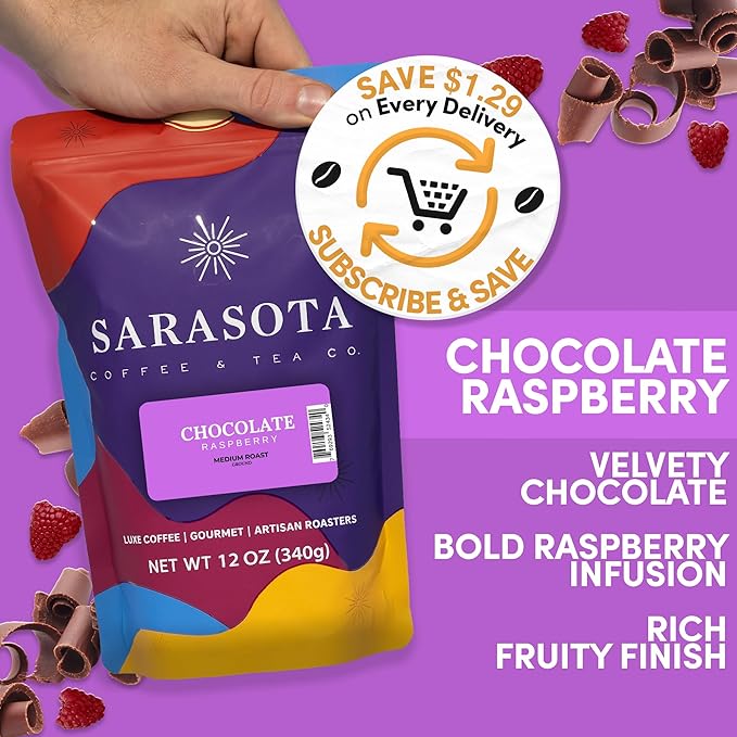 Chocolate Raspberry Ground Coffee 12oz – Chocolate & Raspberry Flavored Coffee, Medium Roast Gourmet Arabica, Specialty Grade, Smooth & Rich