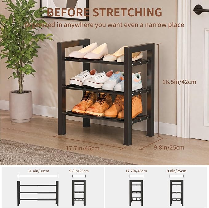 Upgraded 3-Tier Expandable Shoe Rack, Adjustable Shoe Shelf Storage Organizer Heavy Duty Metal Free Standing Shoe Rack for Entryway Closet Doorway (Black)
