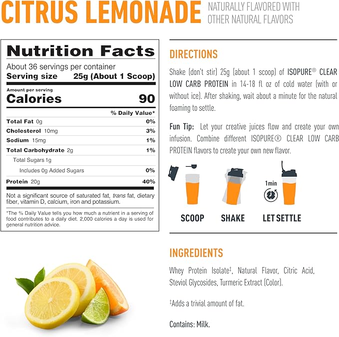 Isopure Clear Whey Isolate Protein Powder, Lactose Free, Gluten Free, Naturally Flavored, Citrus Lemonade, 20g Protein Per Serving, 1.9 Lb, 36 Servings (Packaging May Vary)