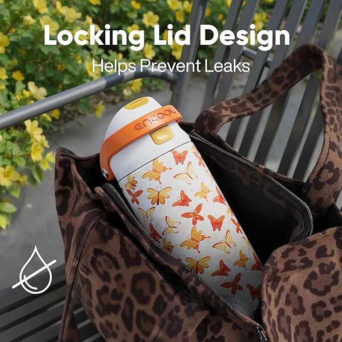 ENCOOL Leakproof Insulated Water Bottle with Straw Dual-Sip Water Bottle Bag-Safe Design for Work, Commute & Gym – Keeps Drinks Cold All Day, 32 oz, Sunset Butterflies