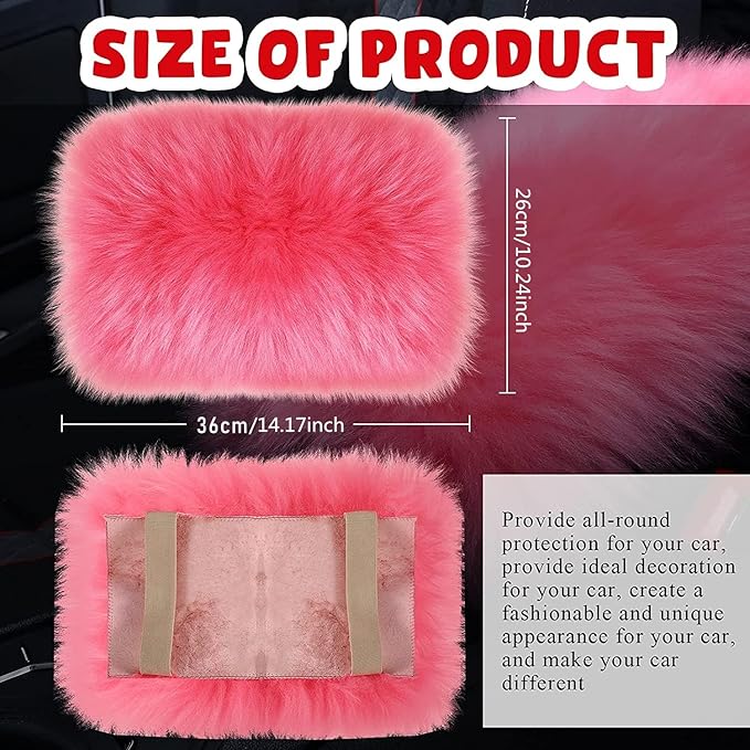 Frienda Furry Armrest Cover Auto Center Console Cover Car Soft Console Pad, Real Sheepskin Wool Soft Fluffy Auto Center Armrest Pad for Most Car Decoration Protector(Pink)