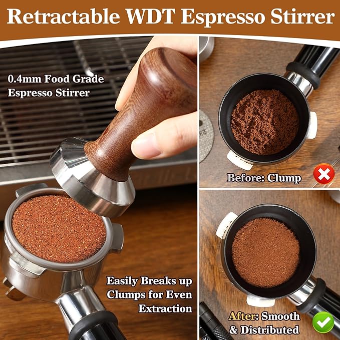 54mm Retractable WDT Tool, Espresso Accessories Kit with Dosing Funnel and Puck Screen, 304 Stainless Steel Needle Coffee Distribution Stirrer, Portafilter Dosing Ring for Barista 54mm