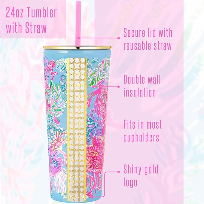 Lilly Pulitzer Double Wall Tumbler with Lid and Reusable Straw, Insulated Travel Cup Holds 24 Ounces, Cay to My heart (Pack of 2)