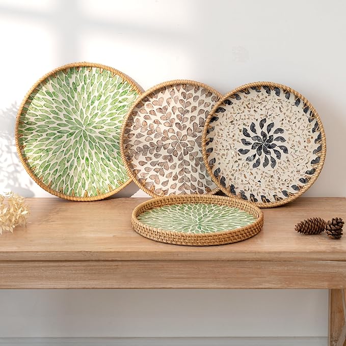 StorageWorks Decorative Coffee Table Trays for Home Decor, Round Rattan Tray with Mother of Pearl Inlay, Small Wicker Woven Serving Tray Decor for Kitchen Counter, Living Room and Ottoman, Yellow